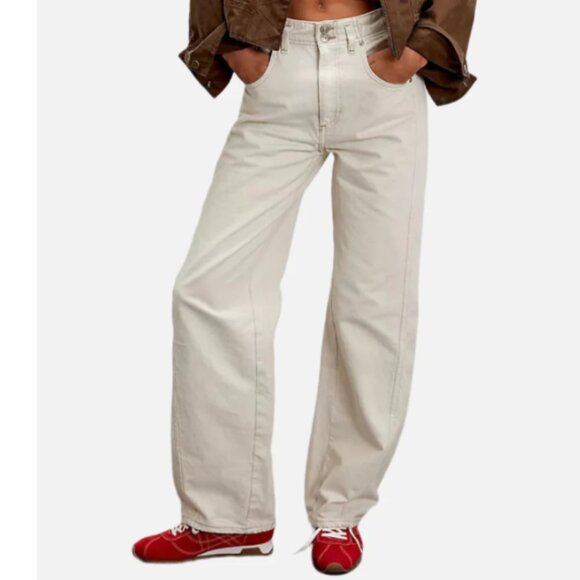 new Free People Aster High Rise Rigid Relaxed Straight Leg Jeans Cream 256 4S2 - Picture 3 of 12